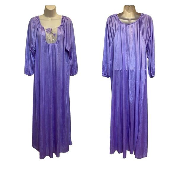 Vintage Milco New York Long Nightgown Nightdress Lavender Lace Floral Inset OS - Picture 1 of 12